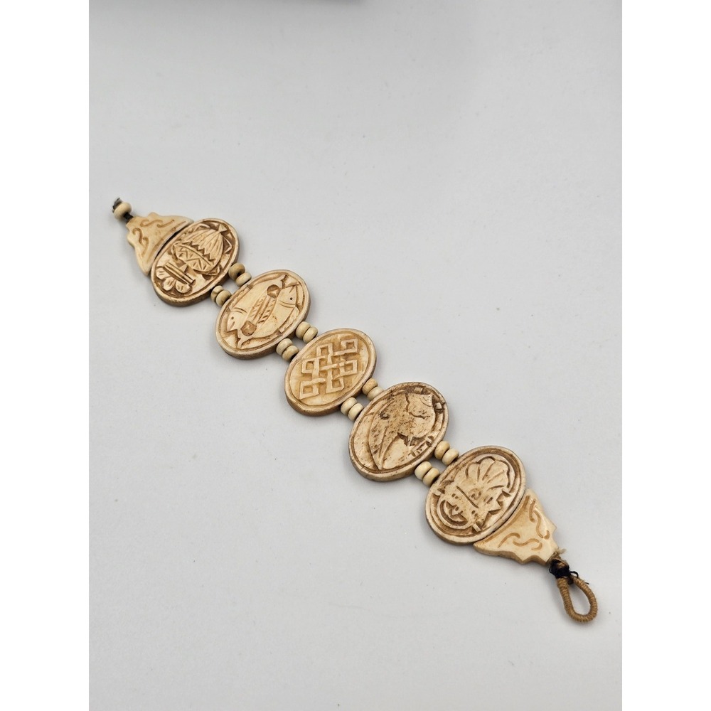 Egyptian Style Carved‎ Bone Bracelet Ancient Symbols Handmade Tribal Art